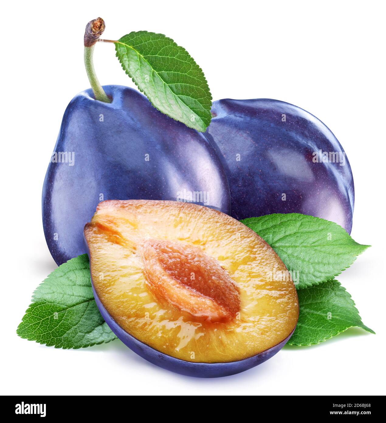 Plums with leaves and plum slices isolated on a white background. Clipping path. Stock Photo