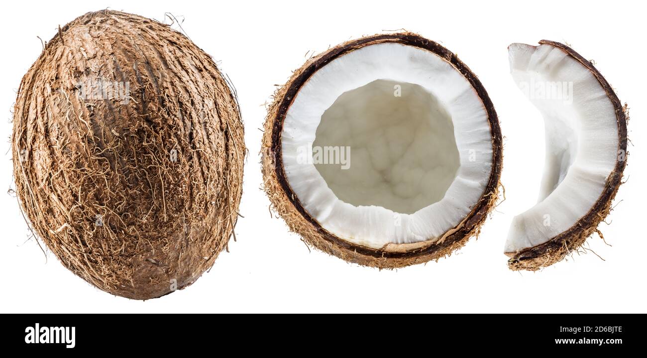 Cracked coconut fruit with white flesh and a piece of coconut isolated on white background. Stock Photo