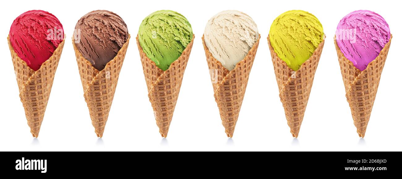 Set of various colorful ice creams in waffle cones on the white background. Lay out view. File contains clipping path for each item. Stock Photo