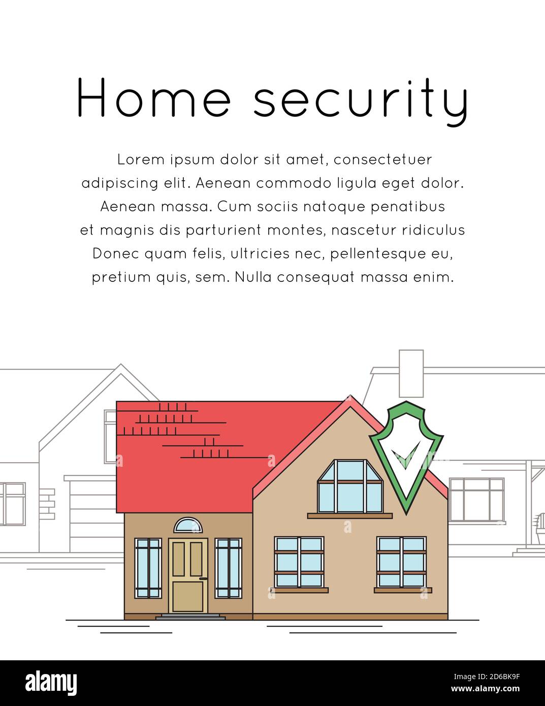Vertical banner with outline drawing of house with security shield. Smart home with alarm on the background of ordinary homes. The house is guarded. L Stock Vector