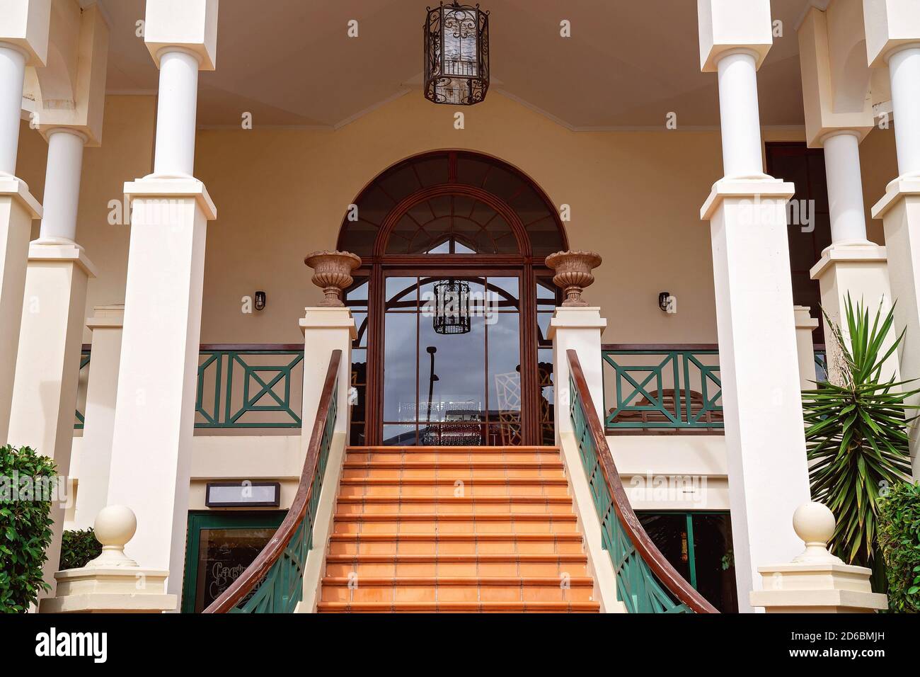 Townsville, Queensland, Australia - June 2020: Staircase leading up to a majestic old building housing a restaurant Stock Photo
