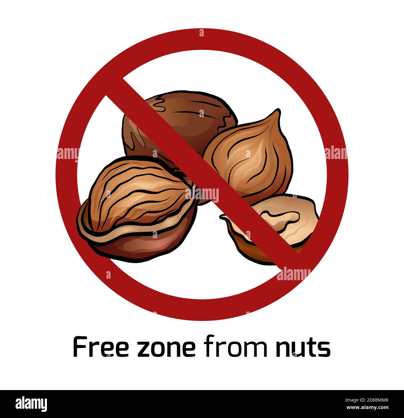 Cartoon hazelnut in the prohibition sign. Free zone from nuts. Ban on