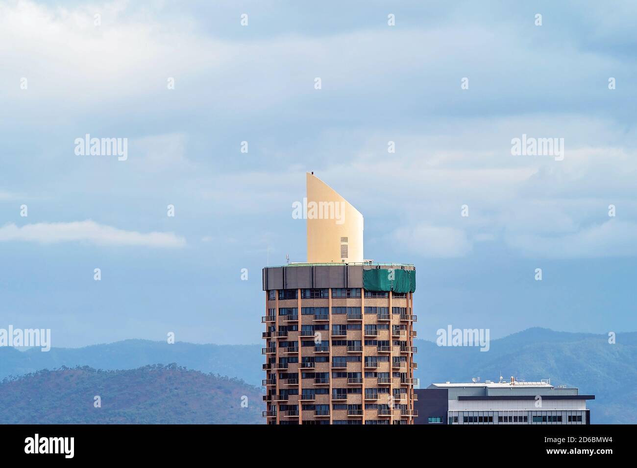 Townsville, Queensland, Australia - June 2020: High rise hotel in the city shaped like a sugar shaker Stock Photo