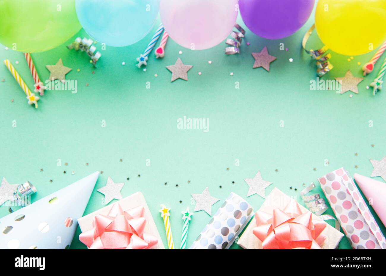 Happy birthday or party background. Flat Lay wtih birthday balloons ,  confetti and ribbons on pastel green background. Top View. Copy space Stock  Photo - Alamy