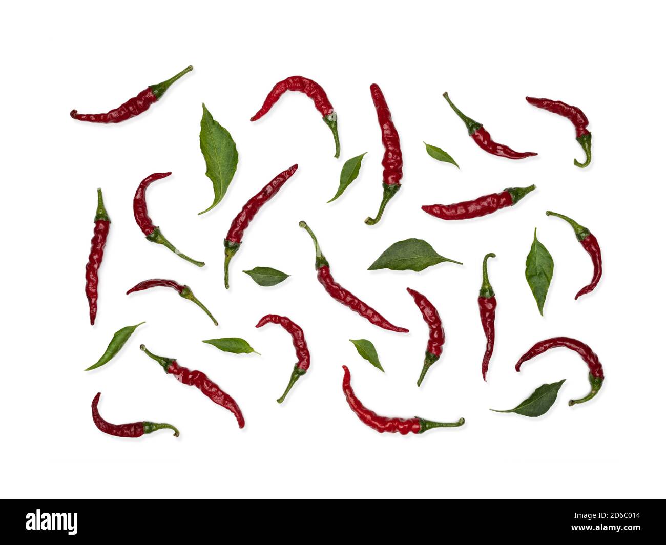 Fresh red hot chili peppers with green leaves on white background. Food