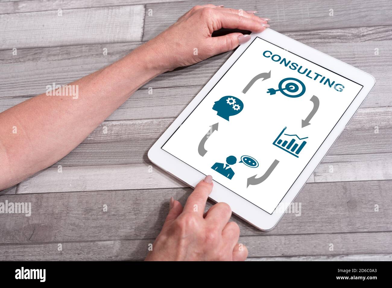 Consulting concept shown on a tablet used by a woman Stock Photo - Alamy