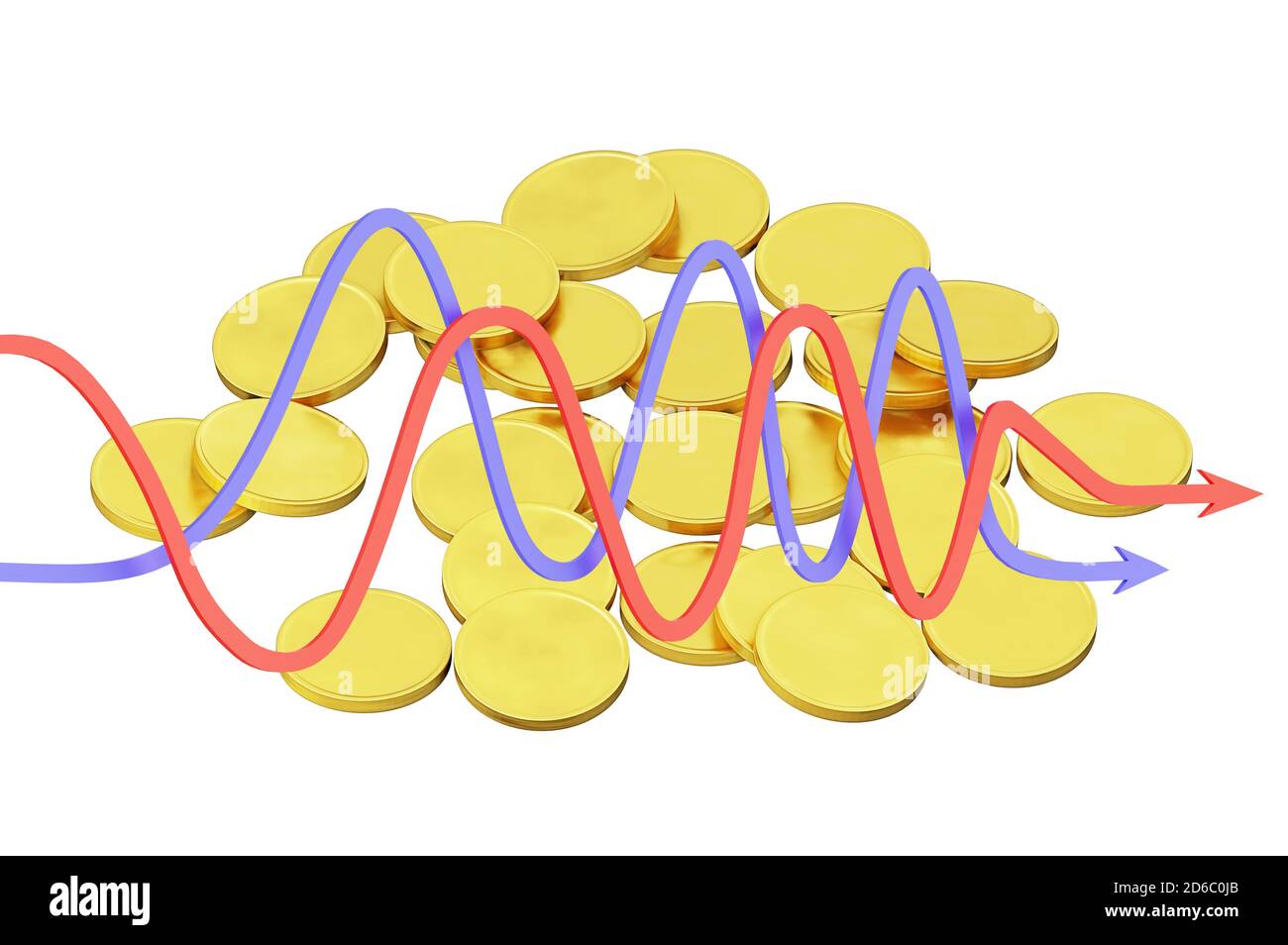 gold coins are scattered on a plane and statistical curved arrows