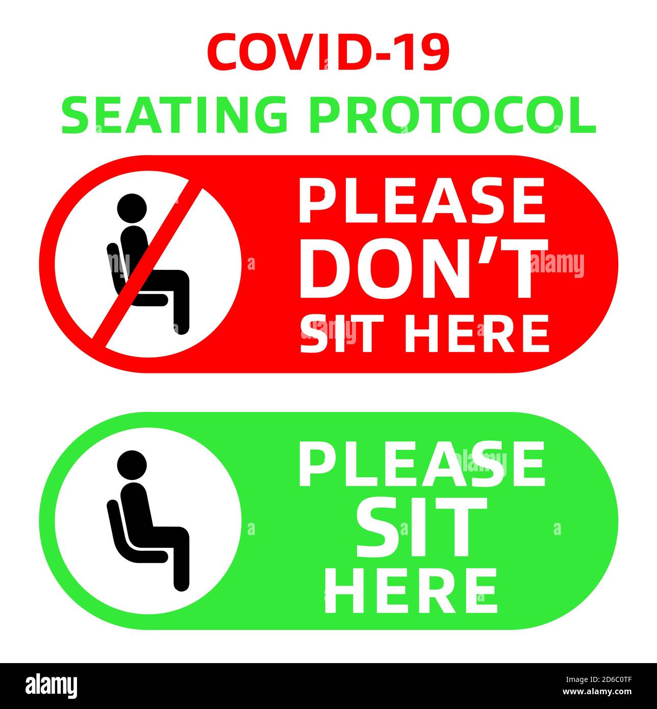 Printable : COVID-19 Seating protocol for restaurants, shopping centers, and public places. Encouraging people to practice social distancing with pict Stock Vector