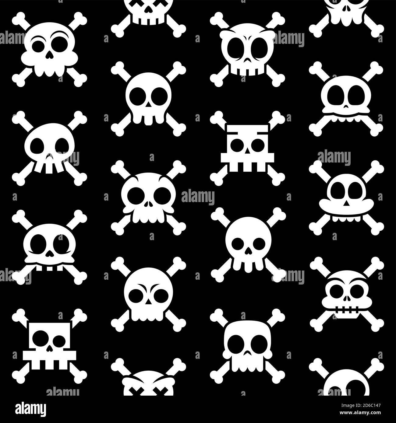 Halloween cartoon skull with bones vector seamless pattern, Mexican cute sugar skulls design set, Dia de los Muertos in white on black background Stock Vector