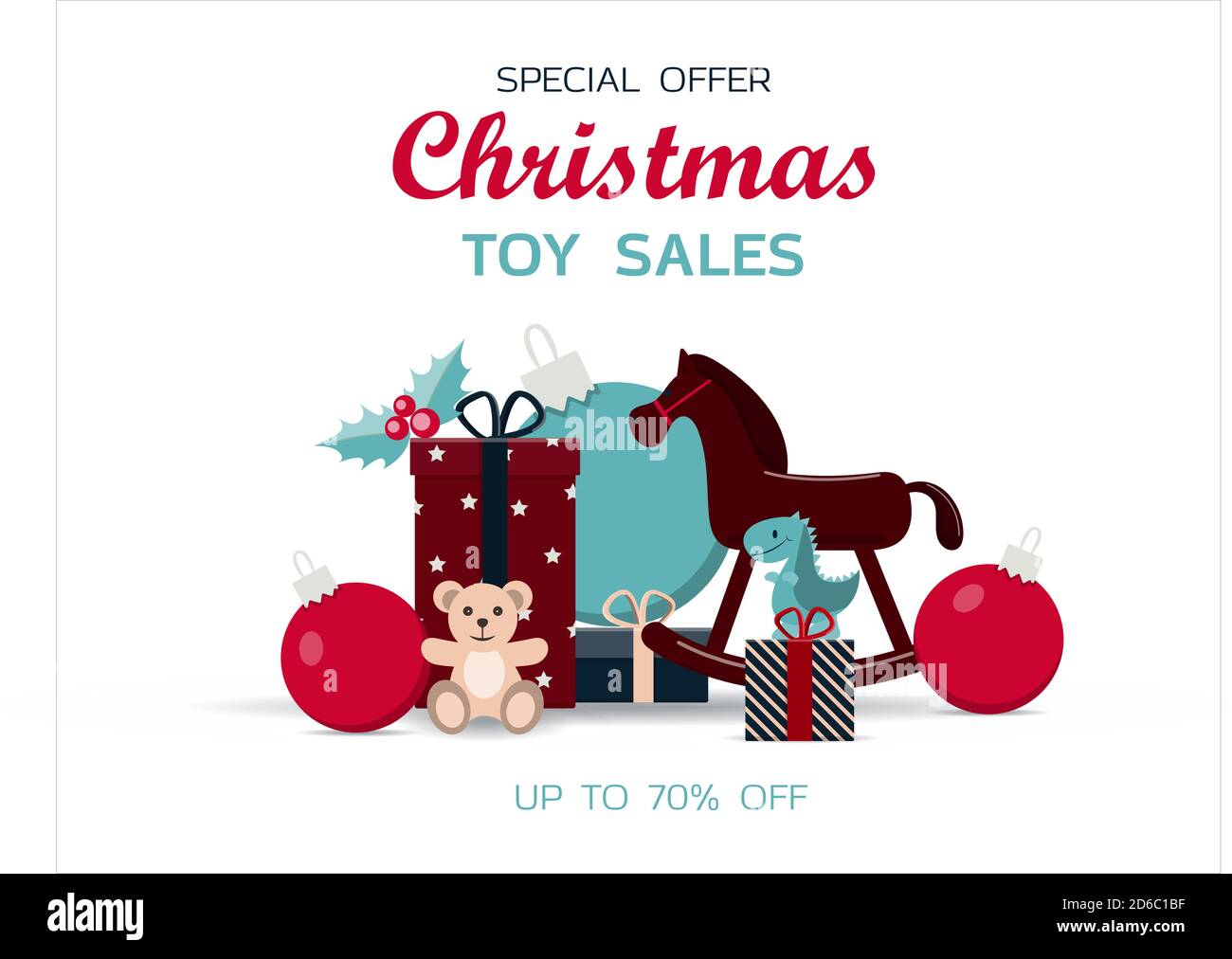 Big Christmas sale of toys for children. Black Friday discounts for a website, store, or app with children s products. Bright holiday banner with a train, fireplace, sweets, toys, Christmas balloons and bright gifts. Banner for an ad, flyer, or booklet. Online store with home delivery. Stock Vector