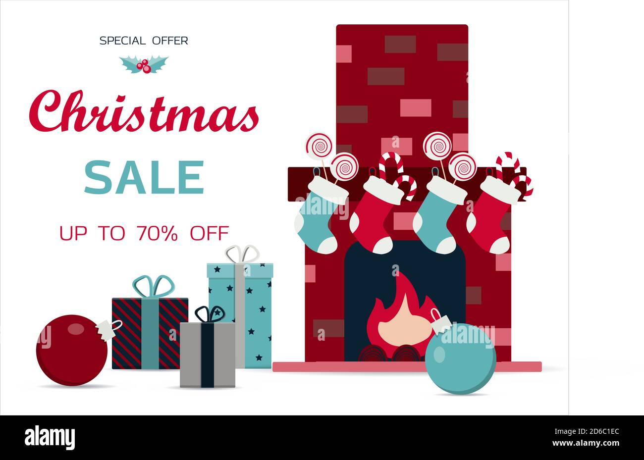 Big Christmas sale of toys for children. Black Friday discounts for a website, store, or app with children s products. Bright holiday banner with a train, fireplace, sweets, toys, Christmas balloons and bright gifts. Banner for an ad, flyer, or booklet. Online store with home delivery. Stock Vector