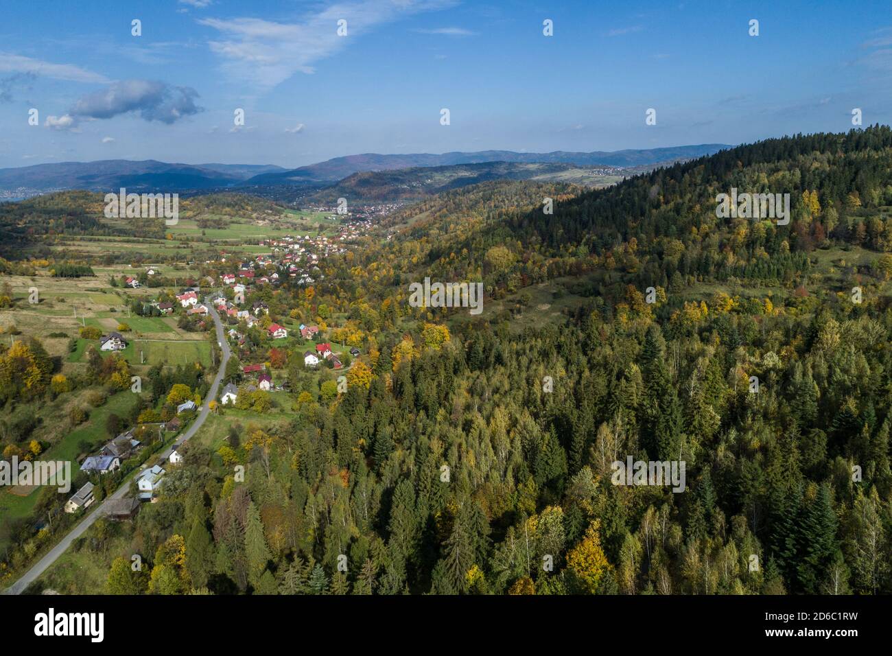 Beskid mountains in Zywiec Poland, Polish mountains and hills aerial drone photo Poland Stock Photo
