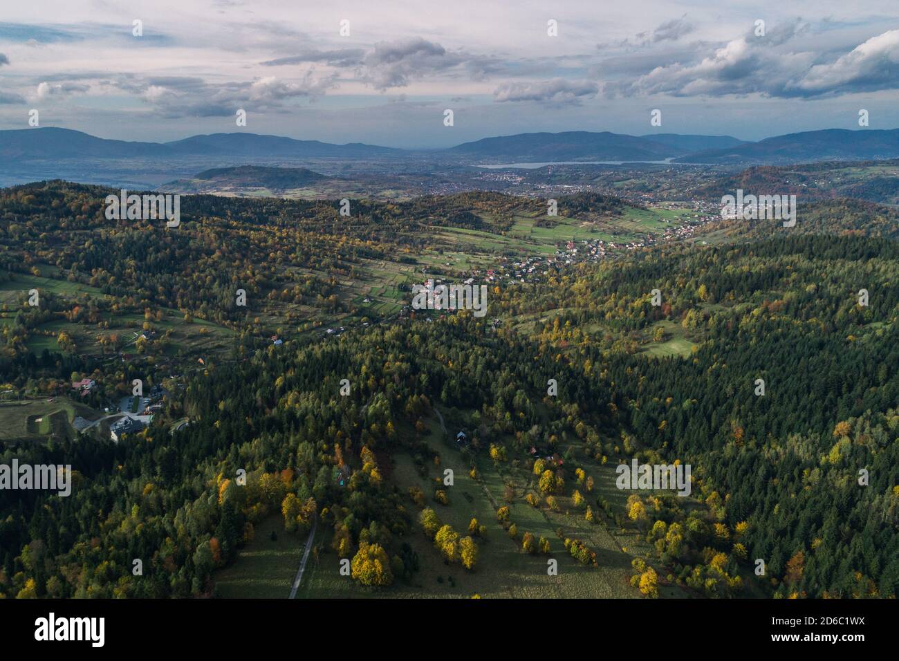 Beskid mountains in Zywiec Poland, Polish mountains and hills aerial drone photo Poland Stock Photo