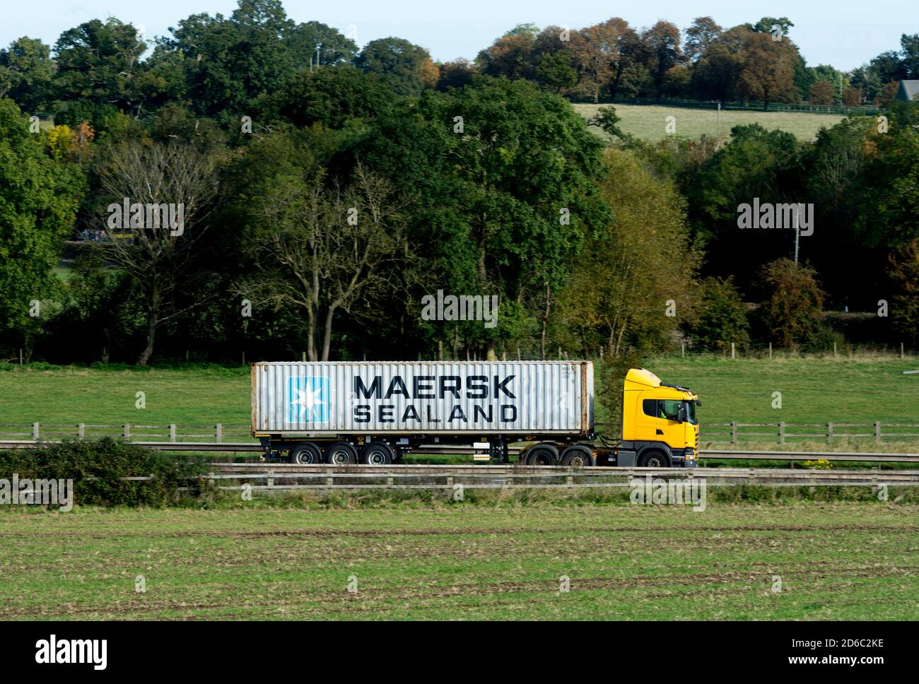 Maersk Sealand shipping container transported on the M40 motorway, Warwickshire, UK Stock Photo