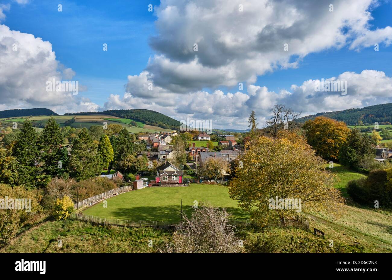 Clun Bowling Green, seen from the ramparts of Clun Castle, Clun, Shropshire Stock Photo