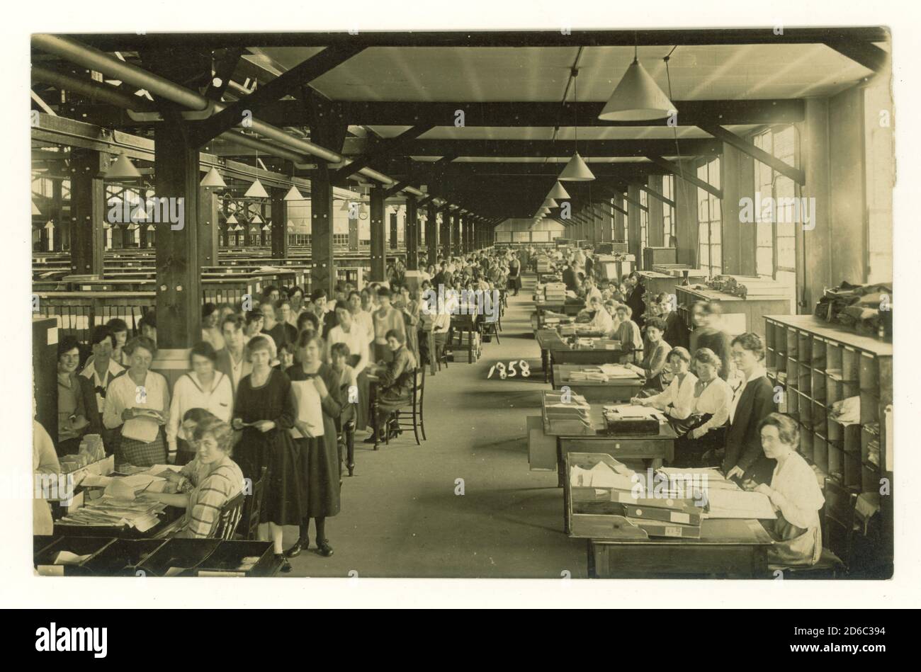 WW1 era postcard of female administrative workers, temporary women clerks, possibly Civil Service, General Register Office, circa 1916, 1917, U.K. Stock Photo