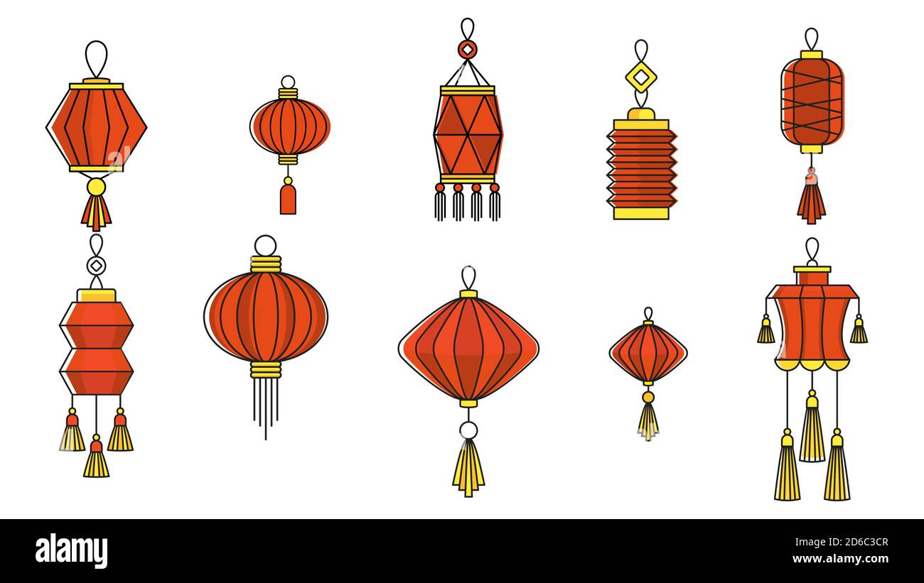 Chinese paper lanterns set. Flat vector color icons. Stock Vector