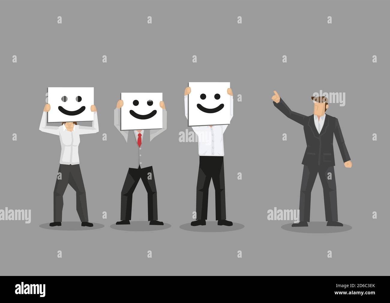 Employees hide behind smiling face mask when boss is around. Vector illustration for on putting a false front at work concept isolated on grey backgro Stock Vector