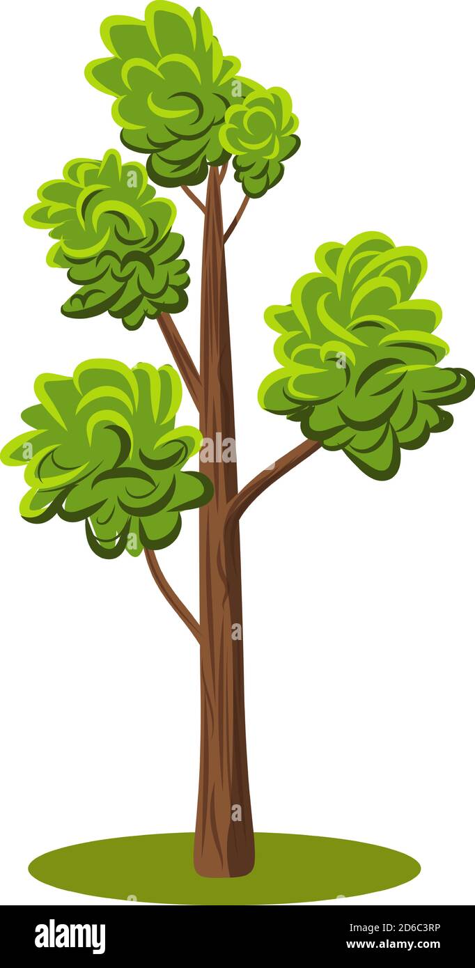Flat cartoon vector tree with variety of green chades leaves. Flat Vector Illustration for nature props animation, isolated on white Stock Vector