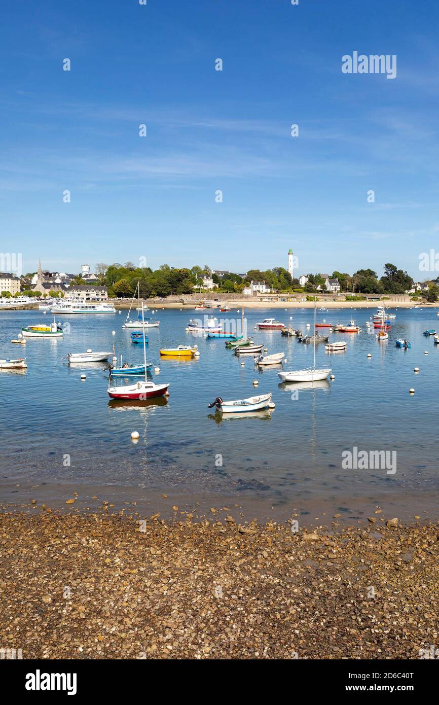 Benodet (Brittany, north-western France): overview of the Odet river and the town from the harbour of Sainte-Marine at Combrit Stock Photo