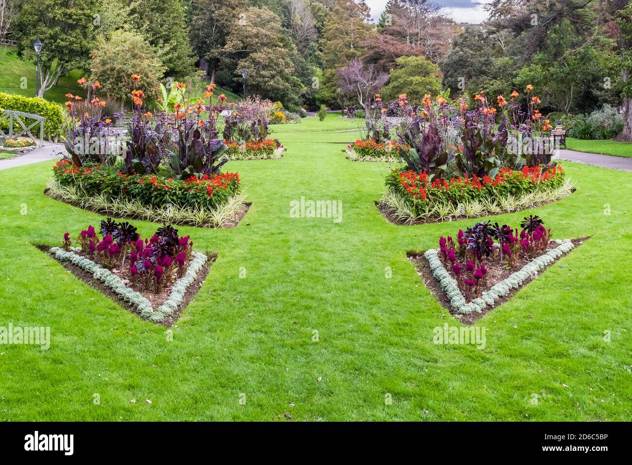 Attractive flower beds in the landscaped sub tropical Trenance Gardens in Newquay in Cornwall. Stock Photo