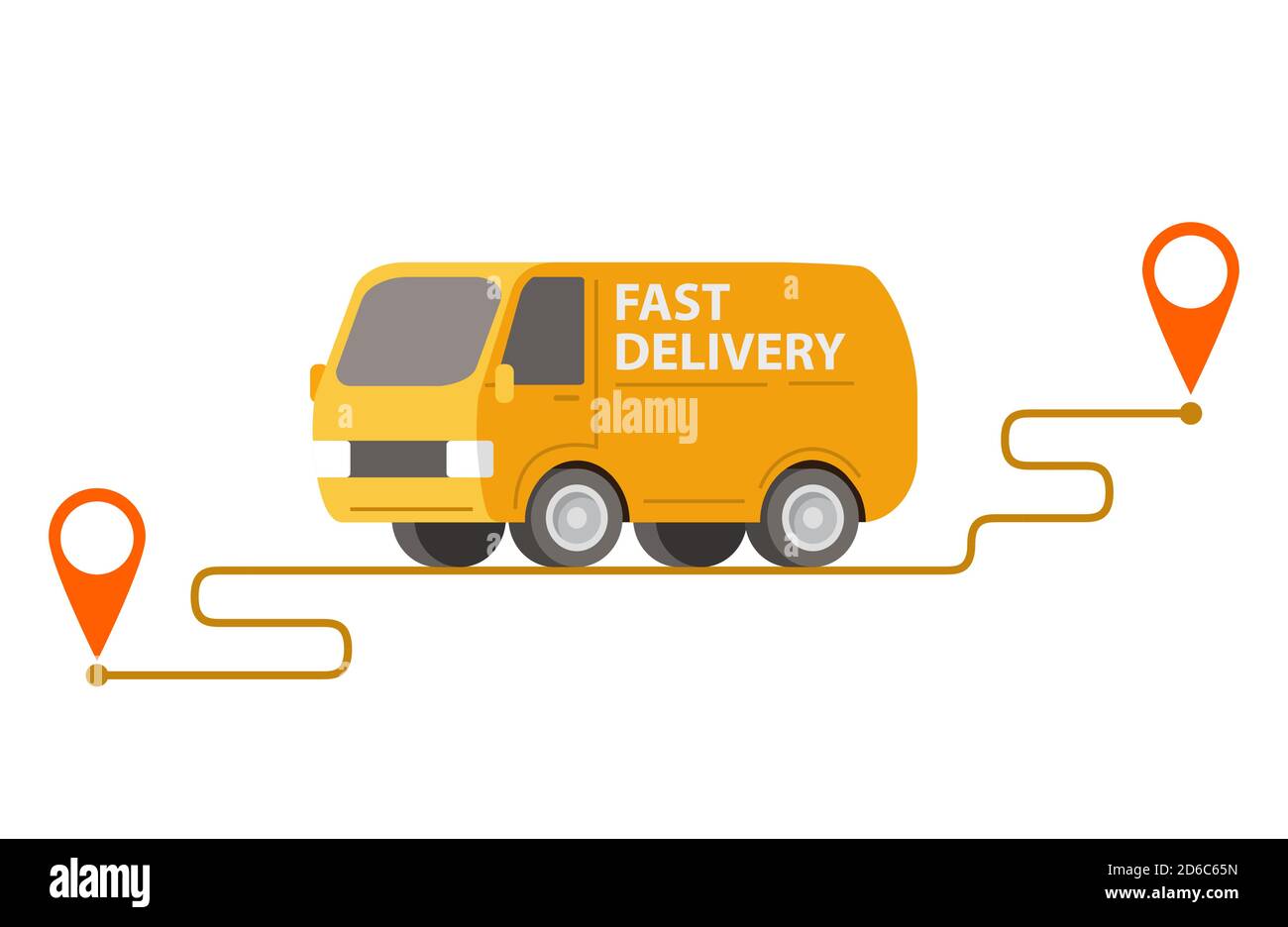 Delivery yellow van carrying parcels on points.Vector illustration ...