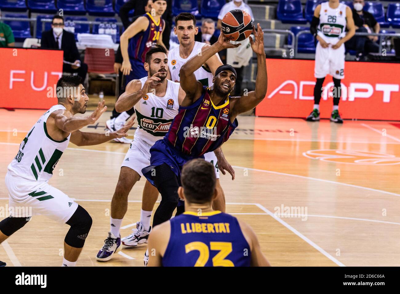 randon Davies of Fc Barcelona competes with Ioannis Papapetrou of Panathinaikos OPAP during the Turkish Airlines EuroLeague basketball match between Stock Photo