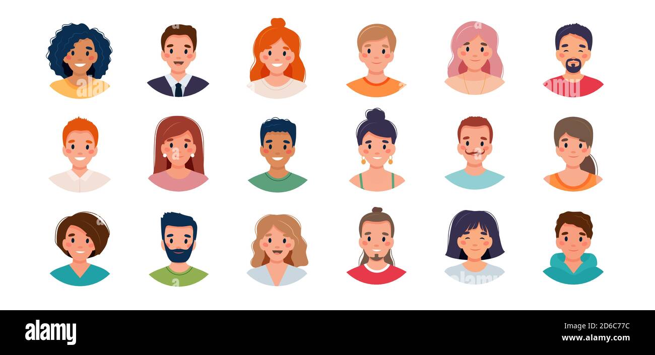 People avatar set. Diversity group of young men and women. Vector illustration in flat style Stock Vector