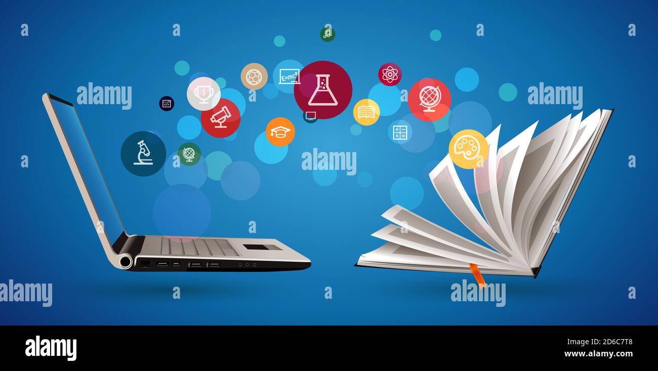 Computer as book knowledge base concept - laptop as elearning idea - stay at home and learn math, biology, history, geography, chemistry, physics, eng Stock Photo