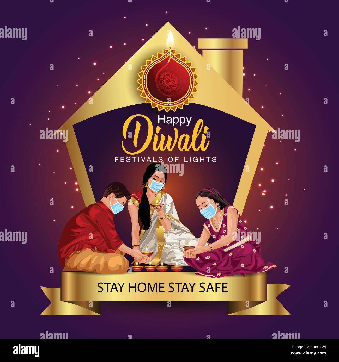 happy diwali greetings. a family making diya decoration with wearing surgical mask. covid corona virus concept Stock Vector