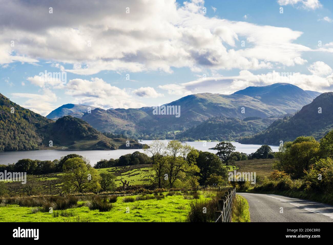 View south to Ullswater from A5091 road in Lake District National Park. Dockray, Cumbria, England, UK, Britain Stock Photo