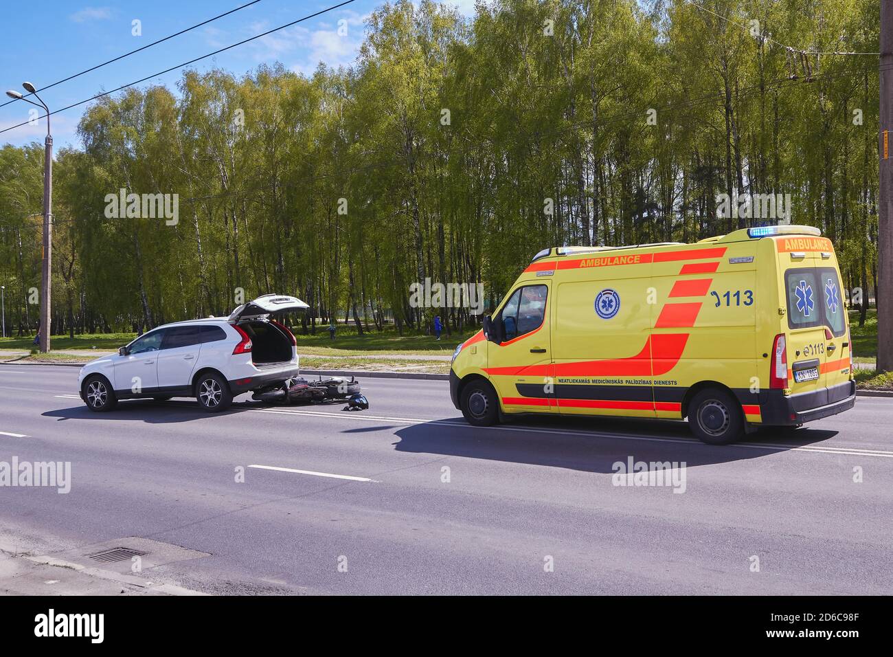 May 15, 2020, Riga, Latvia, damaged car and motorbike on the city road ...