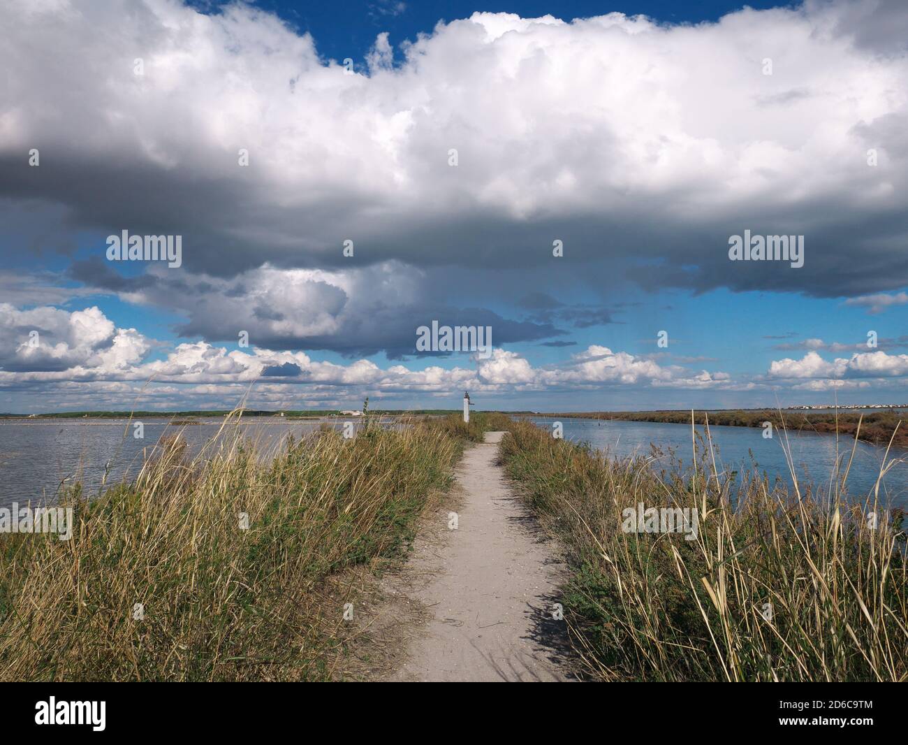 Photo of a path between two ponds with thick clouds in the sky Stock Photo