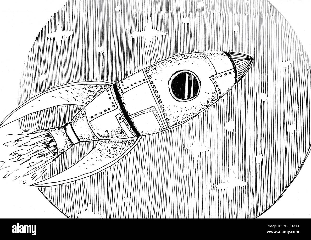 Rocket sketch. Spaceship is flying through space, freehand black ink  coloring book. Stars and planet illustration, drawing Stock Photo - Alamy
