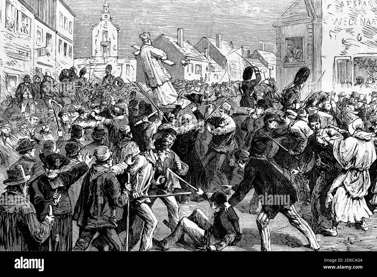 Ghent (Belgium), disorders on the occasion of a Catholic procession in Oostakker, May 17th 1875, Antique illustration. 1875. Stock Photo