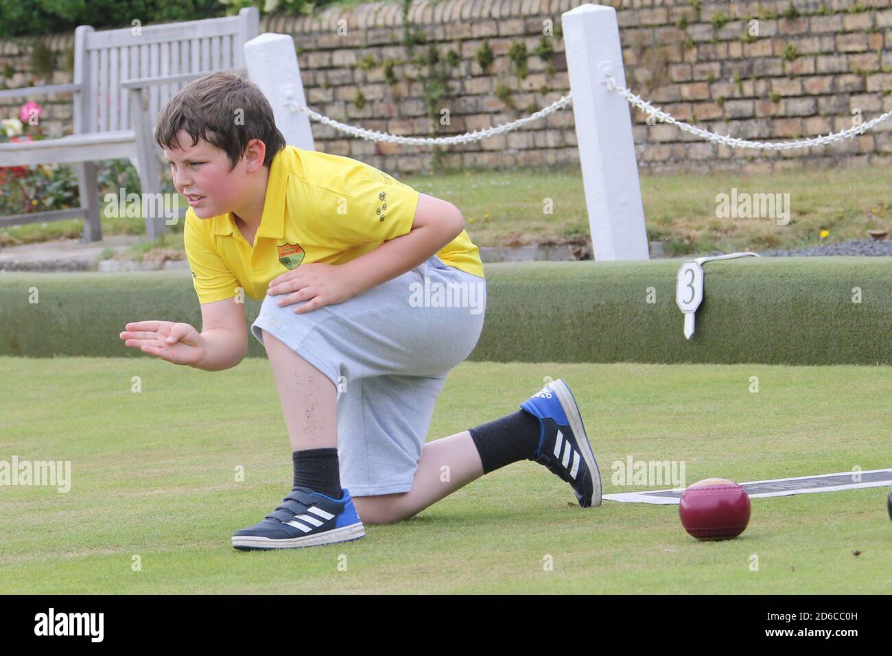 Howie Bowling Club,Preswick, Ayrshire, Scotland,Uk. Primary children nick named Headhogs try bowling at a local Ayrshire club. The sport is trying to encourage youngster to take up the game Stock Photo