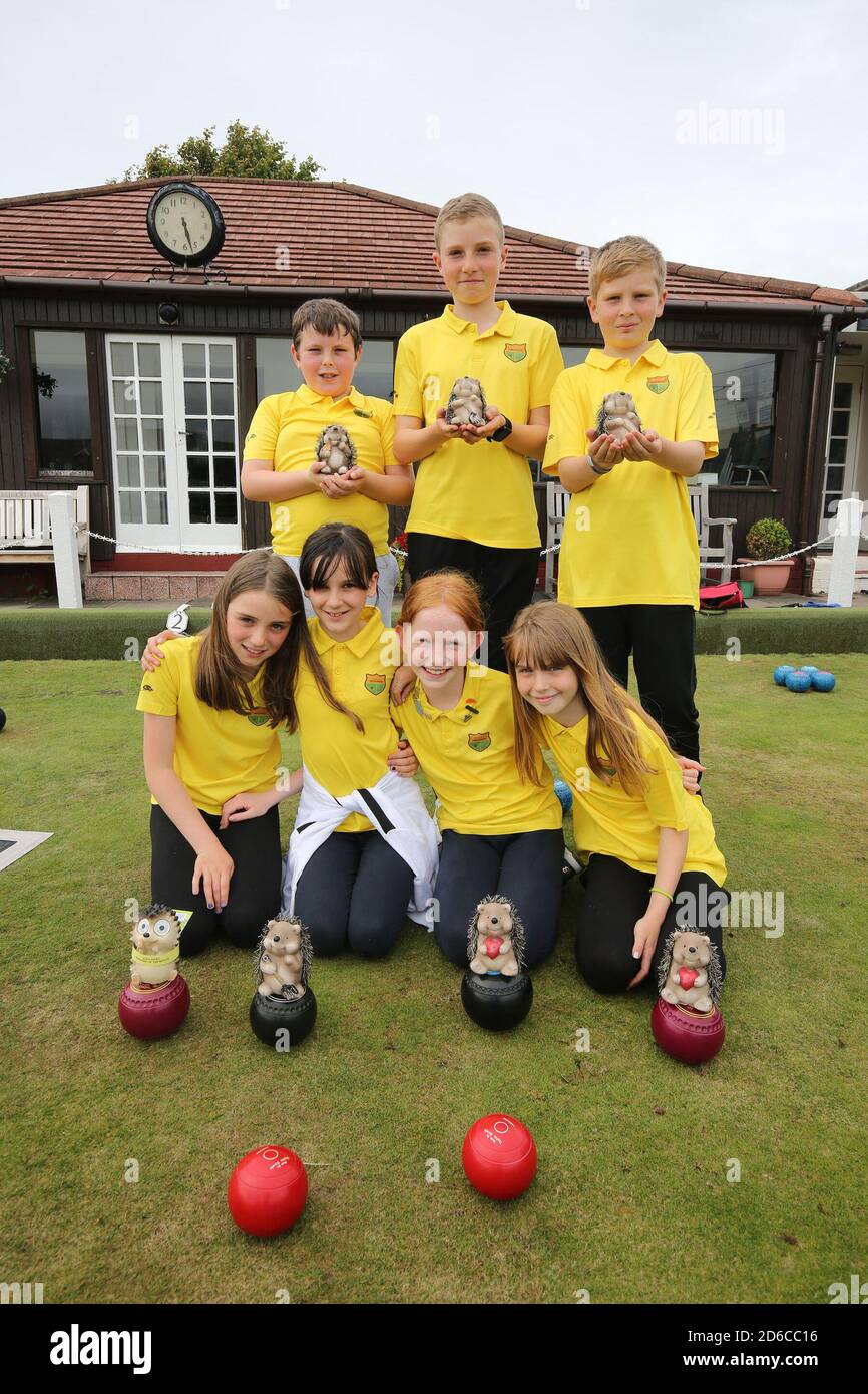 Howie Bowling Club,Preswick, Ayrshire, Scotland,Uk. Primary children nick named Headhogs try bowling at a local Ayrshire club. The sport is trying to encourage youngster to take up the game Stock Photo