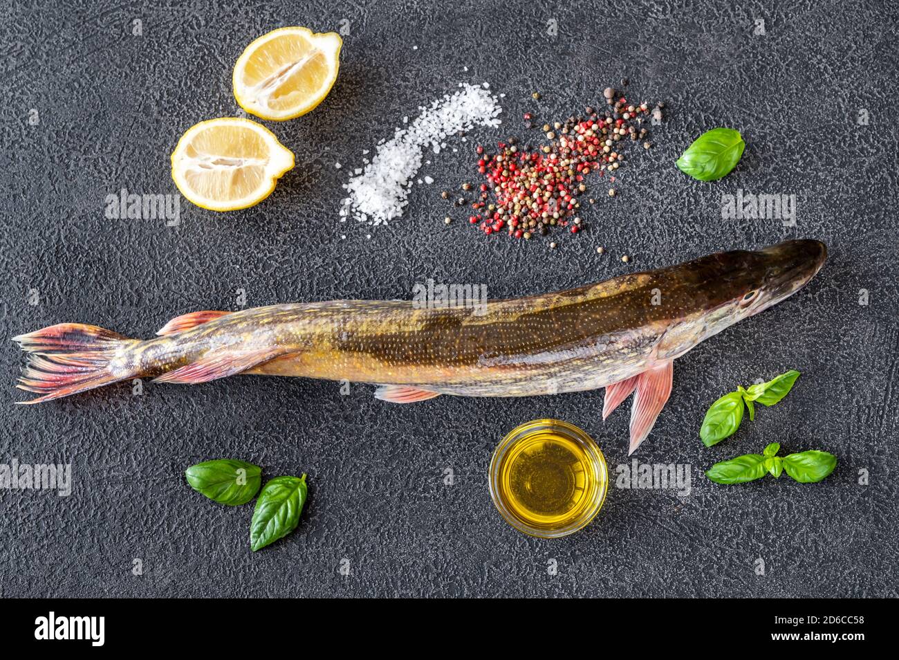 Raw northern spike with seasonings on dark background Stock Photo