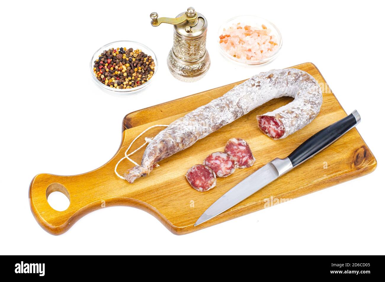 Drycured sausage in white mold casing. Studio Photo Stock Photo Alamy
