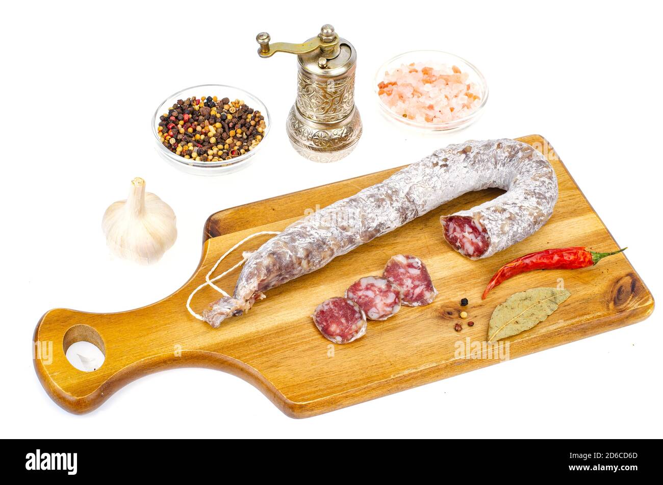 Drycured sausage in white mold casing. Studio Photo Stock Photo Alamy