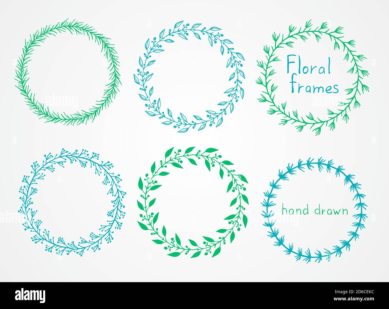 Vector set of floral hand drawn round frames. In blue and green colors ...
