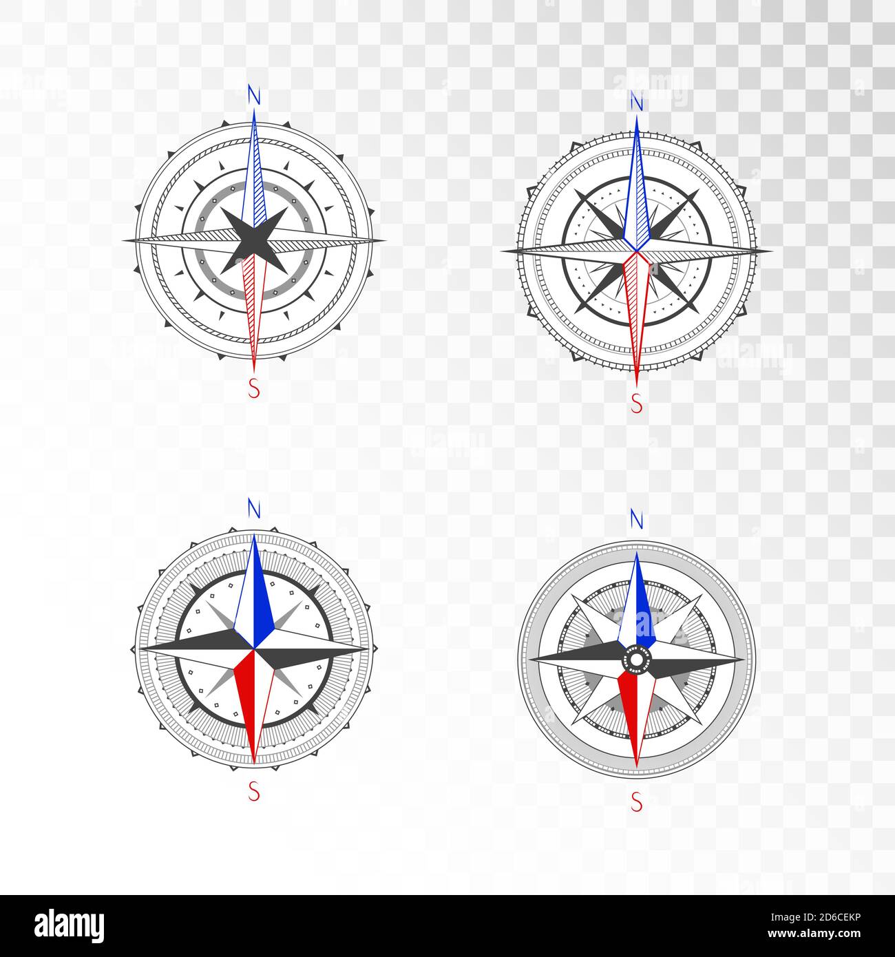 Vector set of vintage compasses or marine wind roses. Collection in line art style. Isolated on transparent background. Black line with the marked col Stock Vector