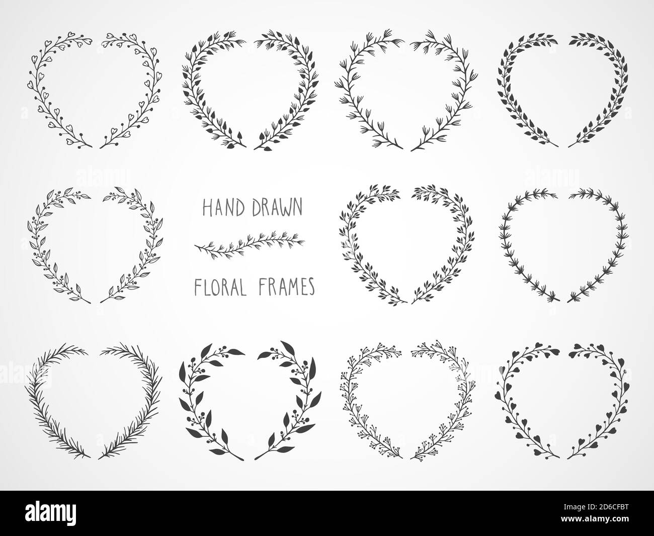 Vector set of floral hand drawn frames in the shape of a heart Stock ...