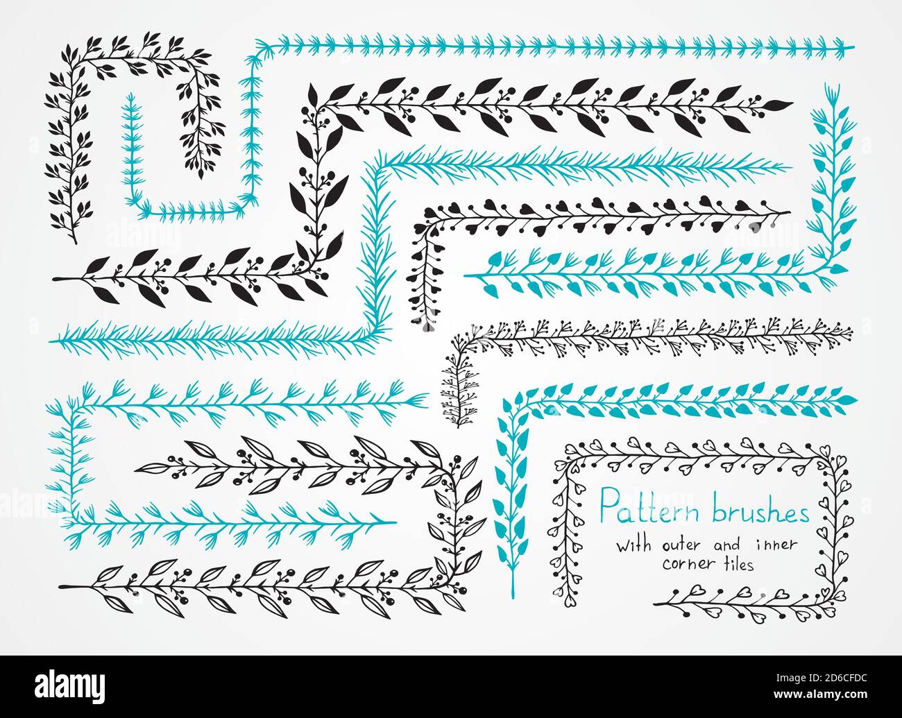 Vector set of floral hand drawn pattern brushes with outer and inner corner tiles. Brushes are included in EPS. Stock Vector