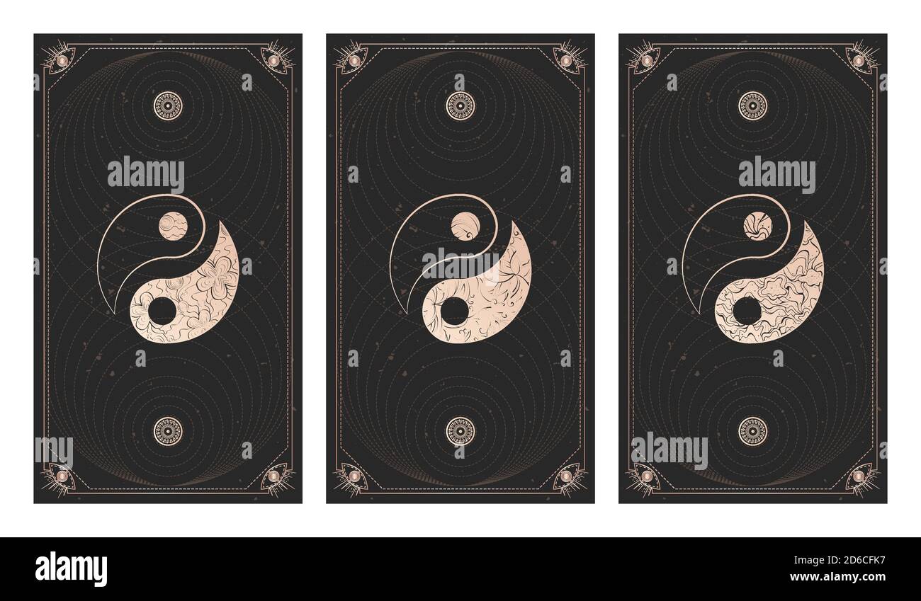 Vector set of three yin yang signs on dark backgrounds with geometric shape, grunge textures and frames. Symbols with floral elements. Illustration in Stock Vector