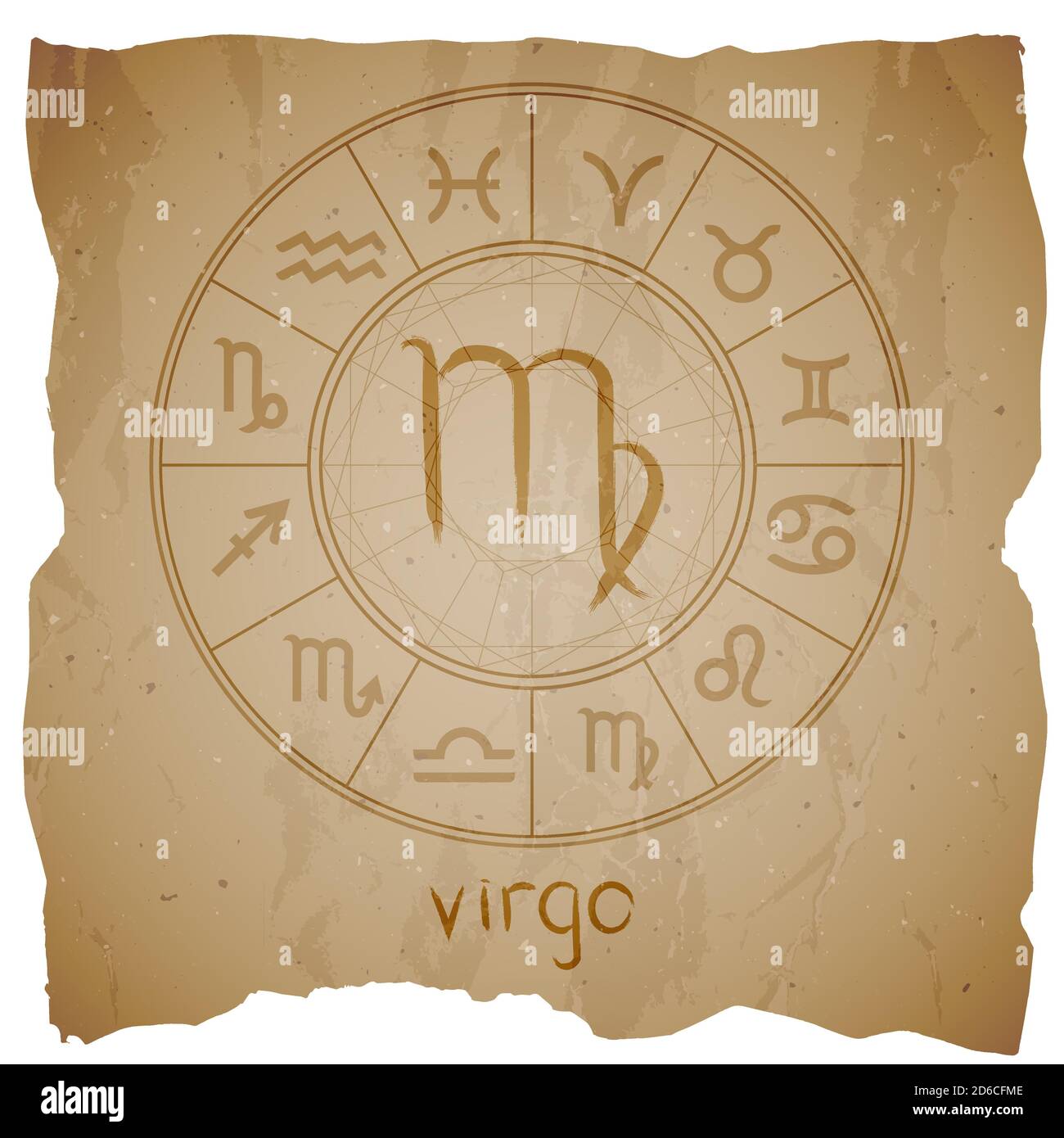 Vector illustration with hand drawn Zodiac sign VIRGO on a grunge old ...