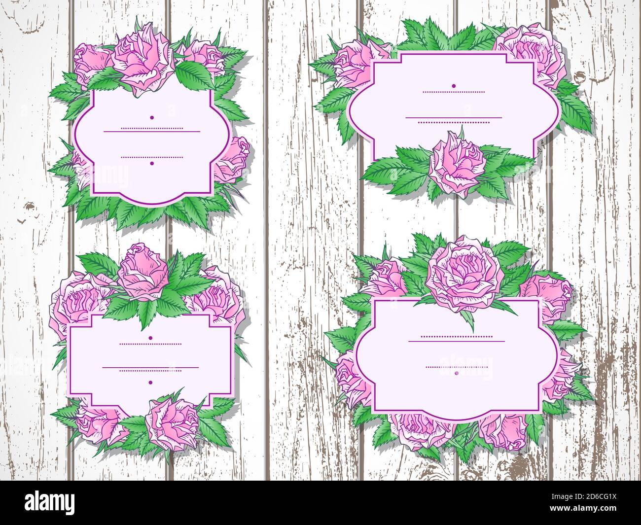 Rose Background Pattern Label Vector set of labels with hand drawn roses and leaves on wooden ...