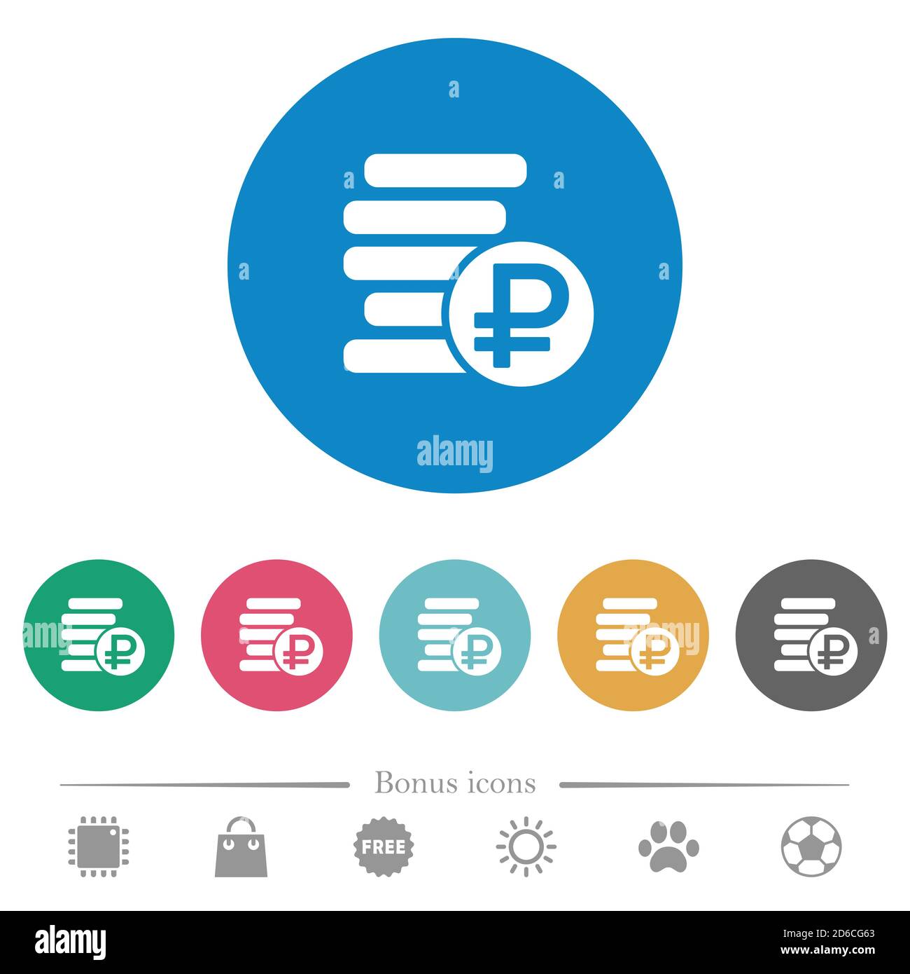 Ruble coins flat white icons on round color backgrounds. 6 bonus icons ...