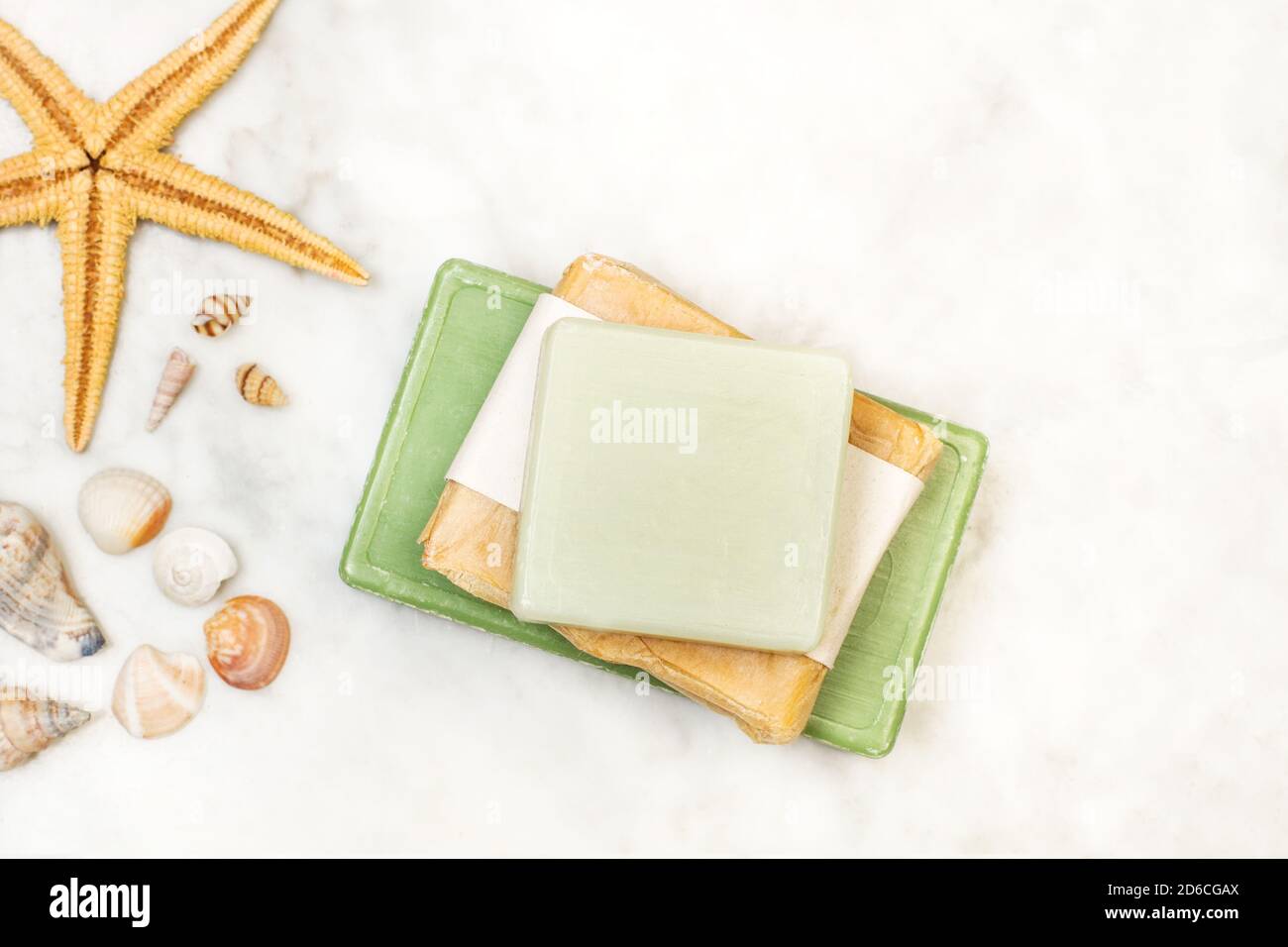 Colored Soap Bars With A Starfish On A Marble Table In A Top View Stock Photo Alamy