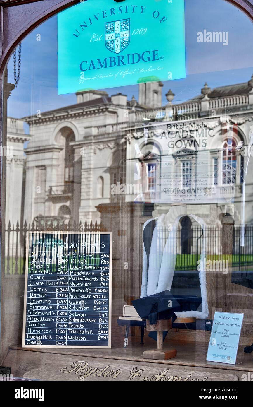 Shop window of Ryder & Amies (seller of academic gowns) with reflection of  Senate House, university of Cambridge, England Stock Photo - Alamy